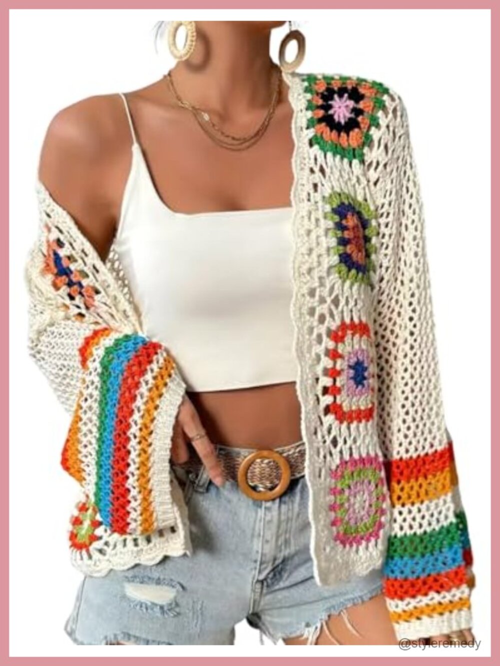 Crochet Cardigan Open Front Long Sleeve Boho Sweater Loose Fit